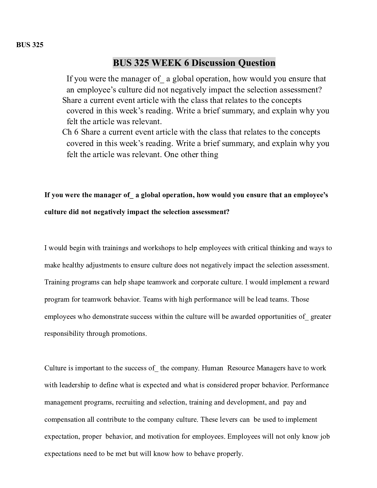 Preview of BUS 325 Week 6 Discussion Question.docx  BUS 325  BUS 325 WEEK 6 Discussion Question  ï‚·I